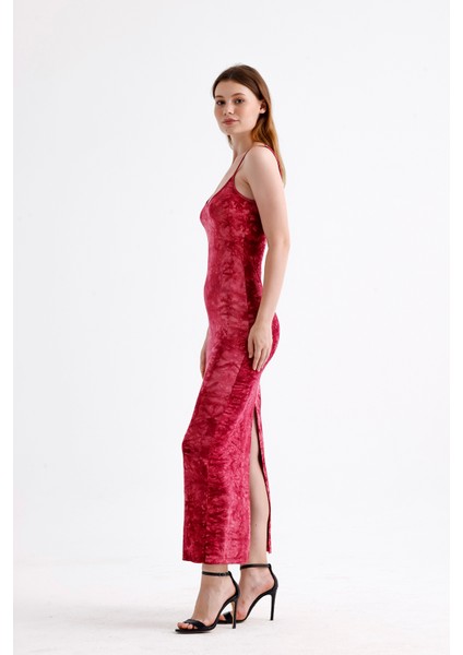 Yırtmaçlı Askılı Likralı Viskon Elbise | ELB35782 Bordo Batik