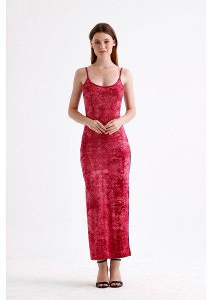 Yırtmaçlı Askılı Likralı Viskon Elbise | ELB35782 Bordo Batik