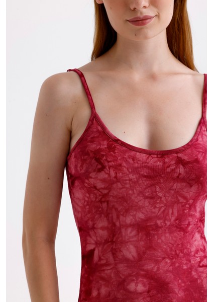 Yırtmaçlı Askılı Likralı Viskon Elbise | ELB35782 Bordo Batik