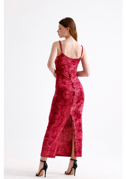 Yırtmaçlı Askılı Likralı Viskon Elbise | ELB35782 Bordo Batik