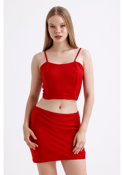 Beli Lastikli Saten Mini Etek | ETK35774 Kırmızı