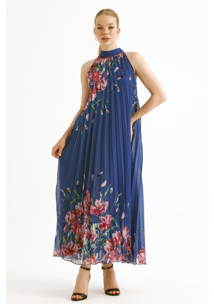 Astarlı Piliseli Uzun Abiye Desenli Şifon Elbise | ELB35127SF Saks Çiçekli