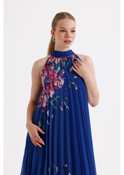 Astarlı Piliseli Uzun Abiye Desenli Şifon Elbise | ELB35127SF Saks Çiçekli fiyatları