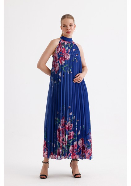 Astarlı Piliseli Uzun Abiye Desenli Şifon Elbise | ELB35127SF Saks Çiçekli modelleri