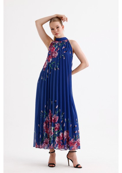 Astarlı Piliseli Uzun Abiye Desenli Şifon Elbise | ELB35127SF Saks Çiçekli fırsatları