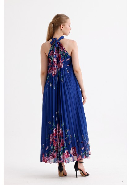 Astarlı Piliseli Uzun Abiye Desenli Şifon Elbise | ELB35127SF Saks Çiçekli indirimleri