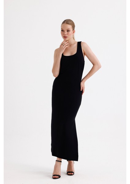 Yırtmaçlı Sırt Dekolteli Çapraz Askılı Kolsuz Kare Yaka Viskon Elbise | 35781 Siyah fırsatları