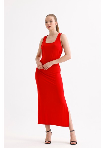 Yırtmaçlı Sırt Dekolteli Çapraz Askılı Kolsuz Kare Yaka Viskon Elbise | 35781 Kırmızı fiyatları