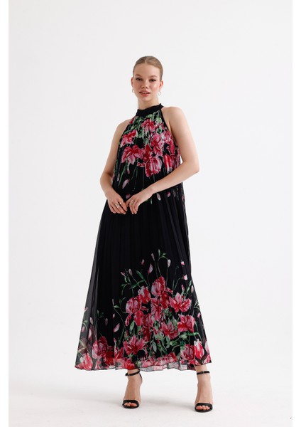 Astarlı Piliseli Uzun Abiye Desenli Şifon Elbise | ELB35127SF Siyah Çiçekli fırsatları