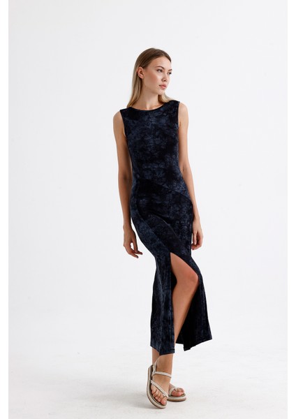 Yırtmaçlı Kolsuz Likralı Viskon Elbise ELB35734 Siyah Batik