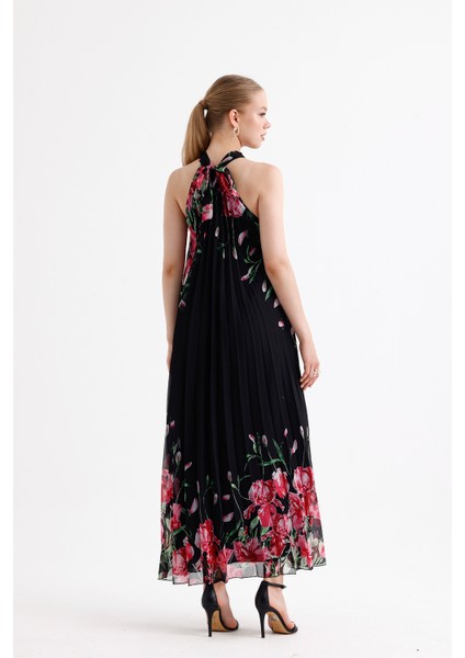 Astarlı Piliseli Uzun Abiye Desenli Şifon Elbise | ELB35127SF Siyah Çiçekli indirimleri