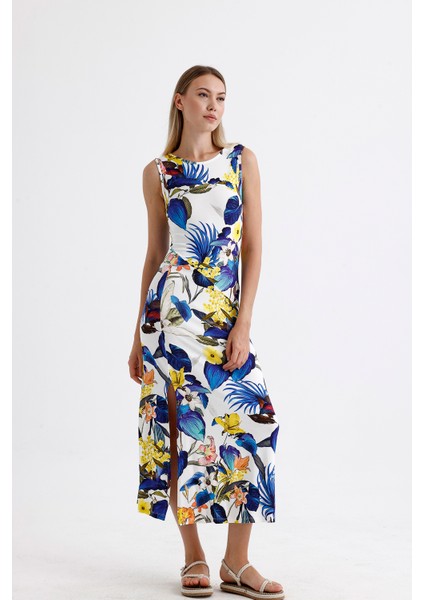 Yırtmaçlı Kolsuz Likralı Viskon Elbise ELB35734 Saks Çiçekli