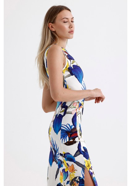 Yırtmaçlı Kolsuz Likralı Viskon Elbise ELB35734 Saks Çiçekli fiyatları