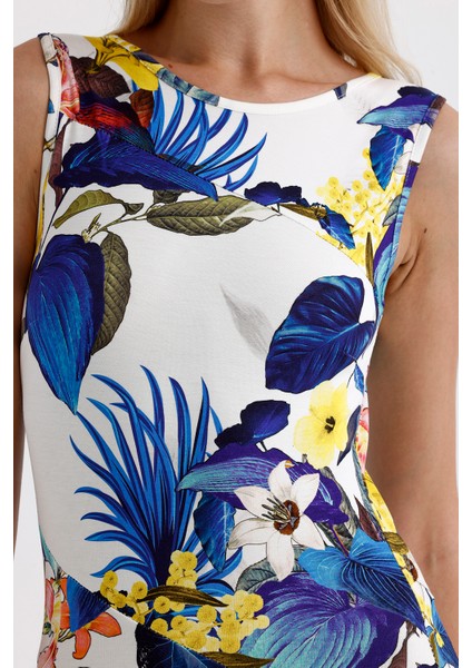 Yırtmaçlı Kolsuz Likralı Viskon Elbise ELB35734 Saks Çiçekli modelleri