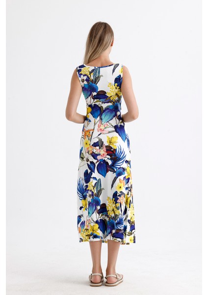 Yırtmaçlı Kolsuz Likralı Viskon Elbise ELB35734 Saks Çiçekli fırsatları