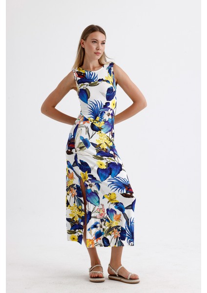 Yırtmaçlı Kolsuz Likralı Viskon Elbise ELB35734 Saks Çiçekli indirimleri