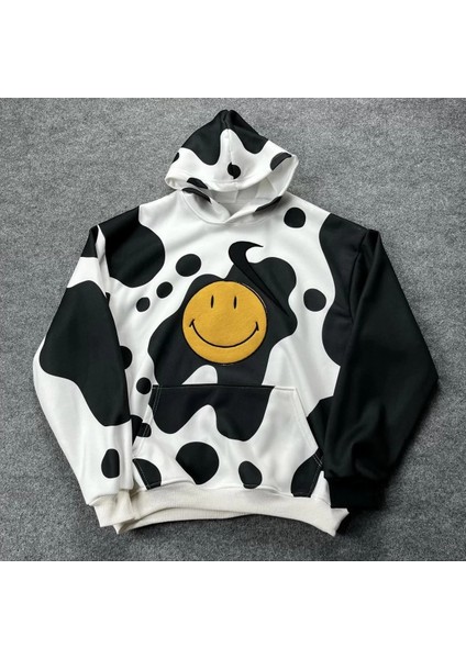 Kadın Smiley Face Kapüşonlu Sweatshirt - Siyah