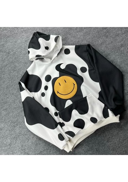 Kadın Smiley Face Kapüşonlu Sweatshirt - Siyah