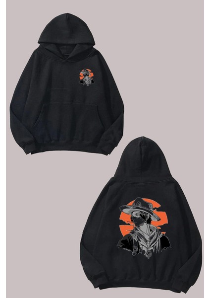 Portgas One Piece Tasarım Ön Arka Baskılı Normal Kalıp Siyah Sweatshirt