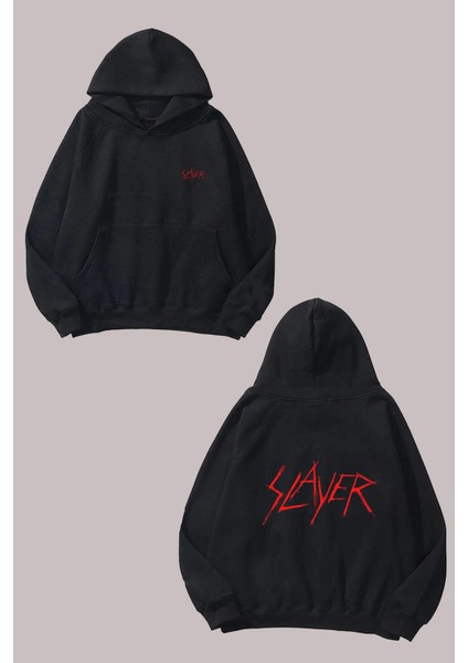 Slayer Red Logo Tasarım Ön Arka Baskılı Normal Kalıp Siyah Sweatshirt