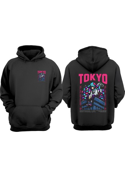Anime Girl Tokyo Nightscape Tasarım Ön Arka Baskılı Normal Kalıp Siyah Sweatshirt