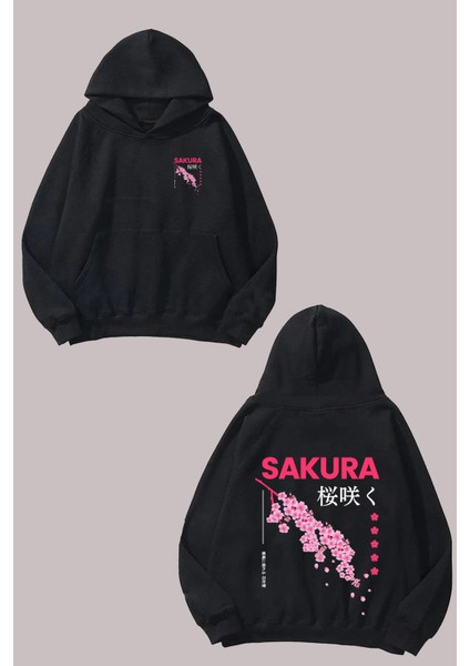 Sakura Cherry Blossom Haiku Tasarım Ön Arka Baskılı Normal Kalıp Siyah Sweatshirt