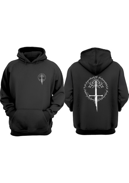Gondor Kılıç Tasarım Ön Arka Baskılı Normal Kalıp Siyah Sweatshirt