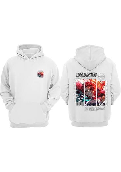 Anime Demon Slayer Tanjıro Kamano Tasarım Ön Arka Baskılı Normal Kalıp Beyaz Sweatshirt