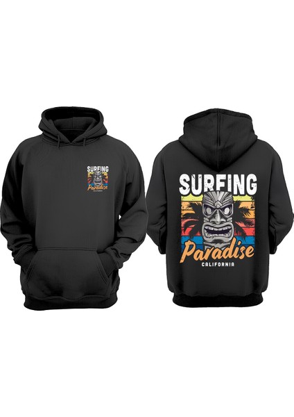 Surfıng Paradıse Calıfornıa Tasarım Ön Arka Baskılı Normal Kalıp Siyah Sweatshirt