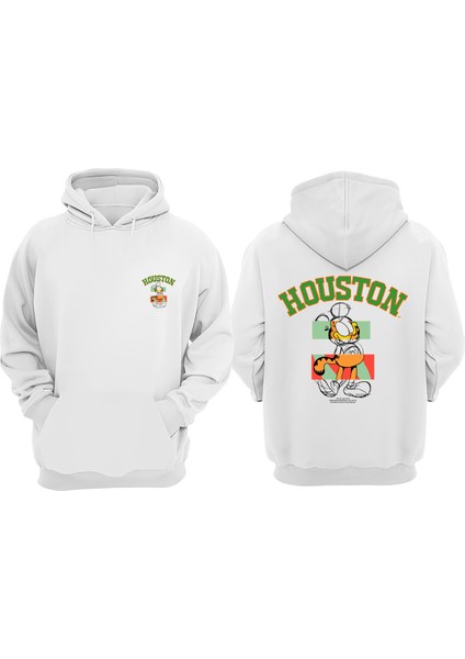 Houston Garfield Tasarım Ön Arka Baskılı Normal Kalıp Beyaz Sweatshirt