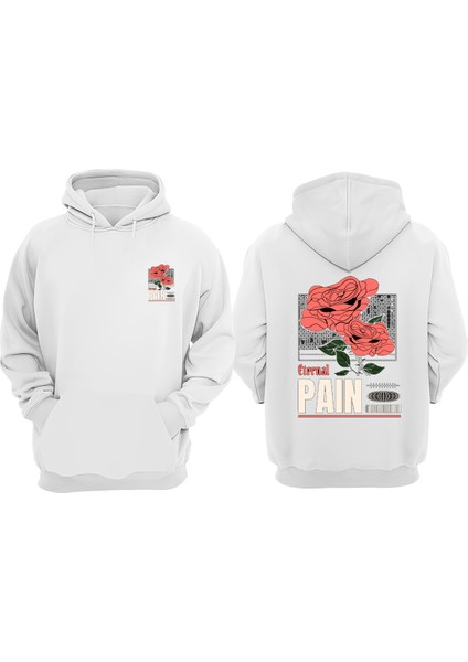 Eternal Paın Gül Tasarım Ön Arka Baskılı Normal Kalıp Beyaz Sweatshirt