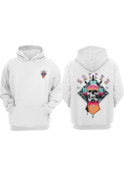 Sullen Iskelet Kafası Tasarım Ön Arka Baskılı Normal Kalıp Beyaz Sweatshirt