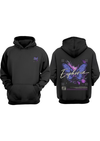 Butterfly Graphic Tasarım Ön Arka Baskılı Normal Kalıp Siyah Sweatshirt
