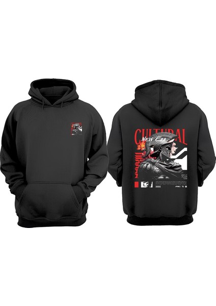 New Cultural Tasarım Ön Arka Baskılı Normal Kalıp Siyah Sweatshirt
