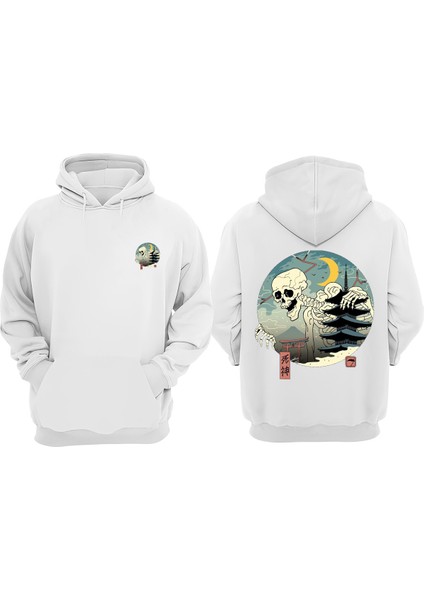 Ev Tutan Iskelet Tasarım Ön Arka Baskılı Normal Kalıp Beyaz Sweatshirt