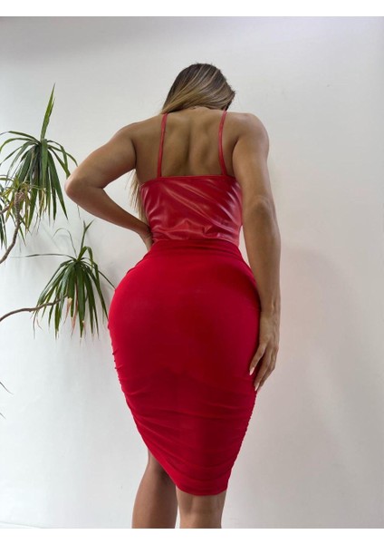 Kırmızı Deri Tül Kalem Elbise fırsatları