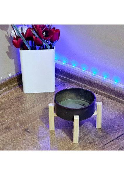 Ahşap Standlı Seramik Kedi Köpek Mama Kabı Çift Yönlü Kullanım 2 Farklı Yükseklik Dayanıklı Mamalık