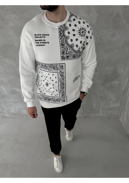 Üç Iplik Desenli Bisiklet Yaka Oversize Sweatshirt - Beyaz