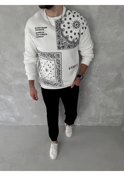 Üç Iplik Desenli Bisiklet Yaka Oversize Sweatshirt - Beyaz