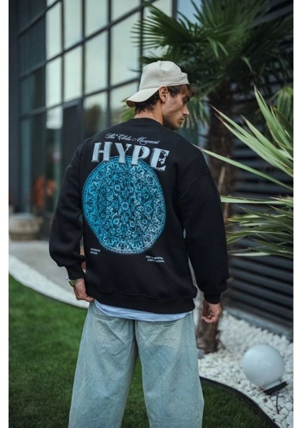 Üç Iplik Bisiklet Yaka Baskılı Sweatshirt - Siyah