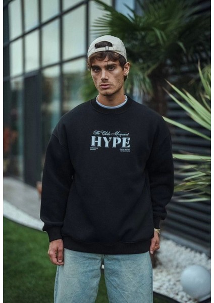 Üç Iplik Bisiklet Yaka Baskılı Sweatshirt - Siyah