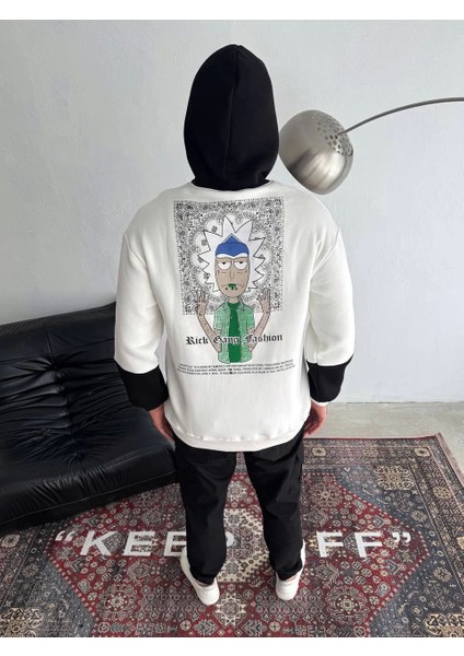 Üç Iplik Kapşonlu Parçalı Baskılı Sweatshirt - Beyaz