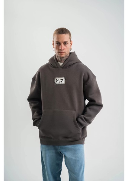 Unisex Kapşonlu Uzun Kol Patchli Nakışlı Sweatshirt - Füme