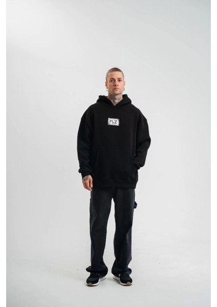 Unisex Kapşonlu Uzun Kol Patchli Nakışlı Sweatshirt - Siyah