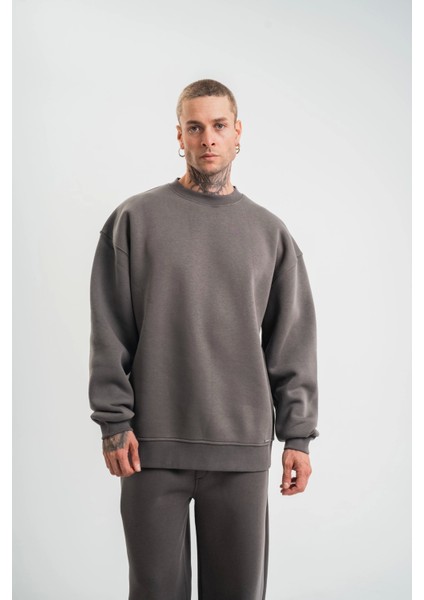 Uzun Kol Bisiklet Yaka Basic Sweatshirt - Füme