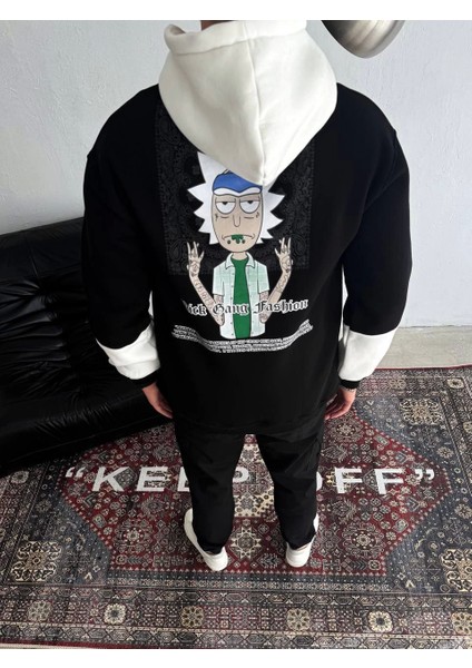 Üç Iplik Kapşonlu Parçalı Baskılı Sweatshirt - Siyah