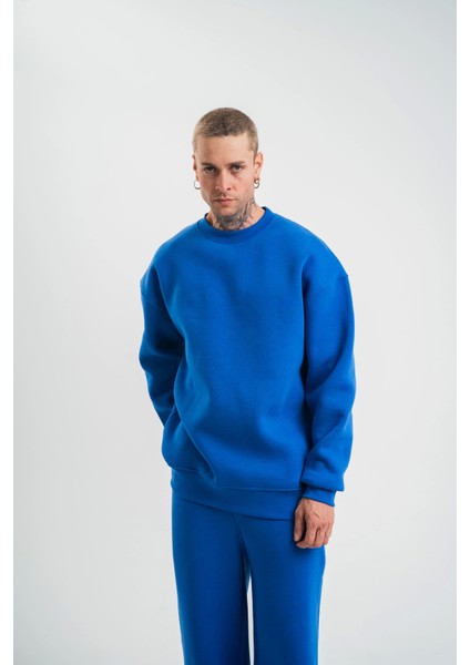 Uzun Kol Bisiklet Yaka Basic Sweatshirt - Mavi