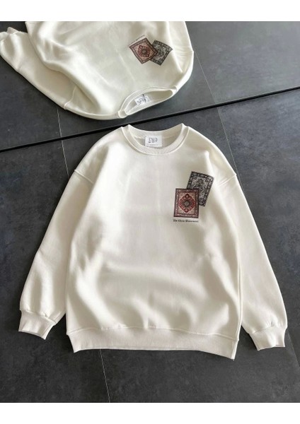 Kadın Bisiklet Yaka Baskılı Sweatshirt - Beyaz