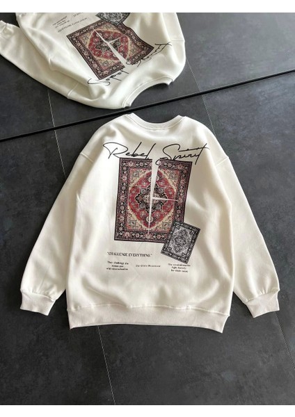 Kadın Bisiklet Yaka Baskılı Sweatshirt - Beyaz