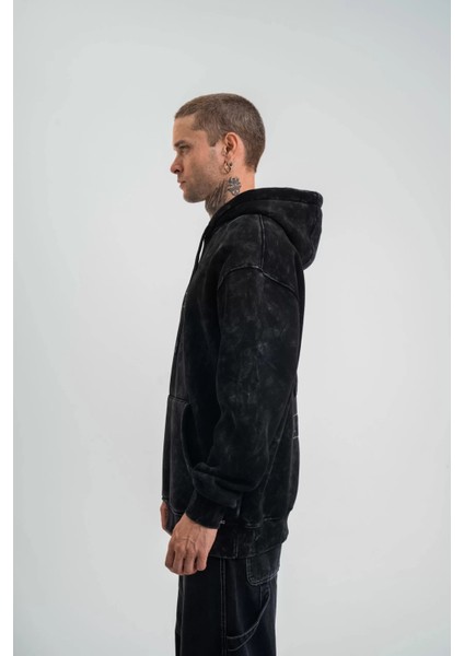 Uzun Kol Kapşonlu Yıkamalı Nakış Işlemeli Sweatshirt - Siyah